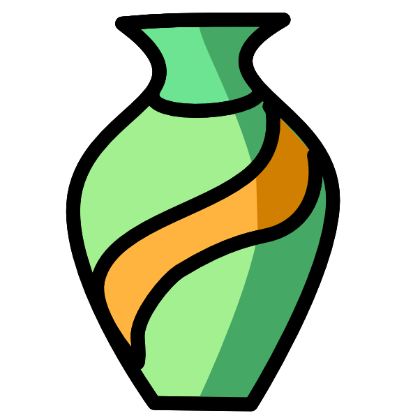 a bluish green vase with a curvy band of yellow across it, with black line art.